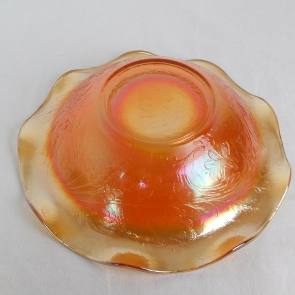 Vintage Marigold Orange Carnival Glass Bowl Ruffled Lip 9.5" Vine Flower Pattern - Picture 3 of 6